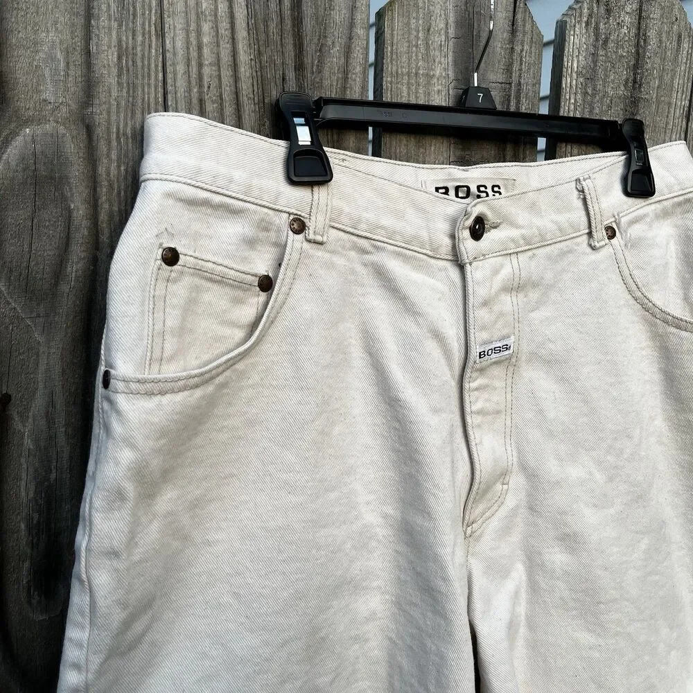 Vintage Boss Shorts Mens 36 White Denim Hip Hop Rap 90s Baggy Spellout Logo Fray
